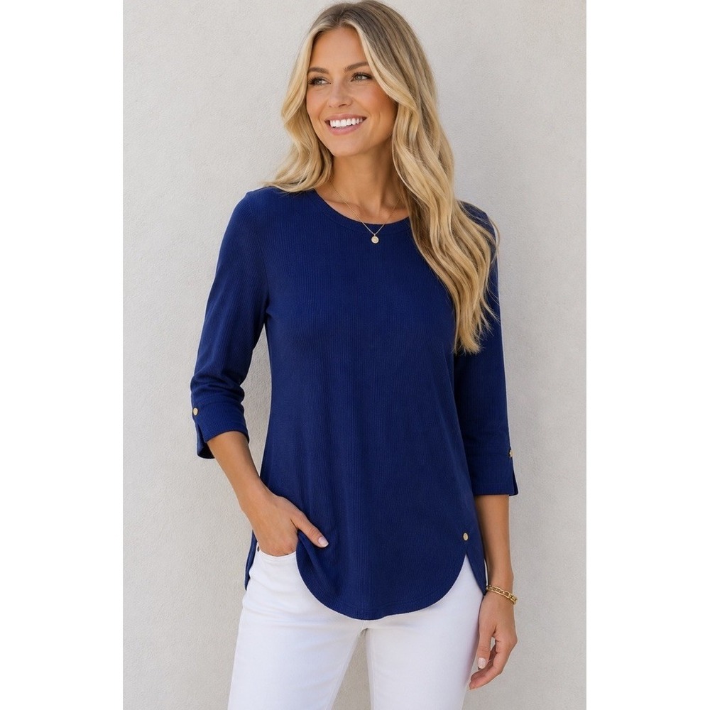 Liz Claiborne Purple Curved Hem Gold Buttons Shirt Women's ST Stretch 3/4 Sleeve